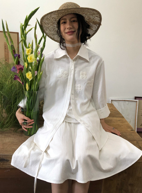 popoup24ss “绣花”绗棉绣花点缀棉麻长袖白衬衫