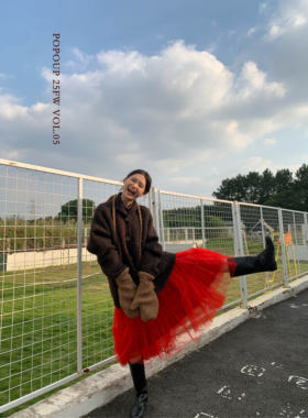 popoup25FW “树莓”红色多层网纱松紧半裙