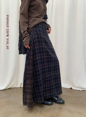 popoup25FW“公园三分钟”羊毛棕绿格纹拼接毛边半身裙