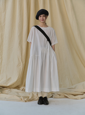 popoup26SS“白茶”绣花拼接白色连衣裙