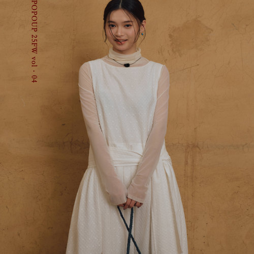 popoup25FW“快乐星期五”法式休闲白色提花系带无袖连衣裙