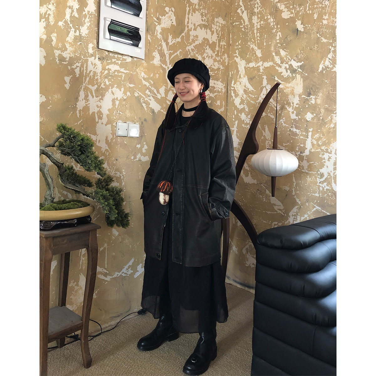 popoup23FW&ldquo;诺丁山&rdquo;重磅做旧水洗擦色古着中长款皮衣