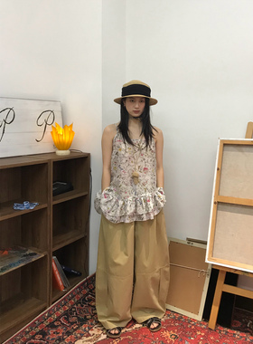 popoup26SS“植物园”夏日轻薄植物印花斜边双层花边吊带