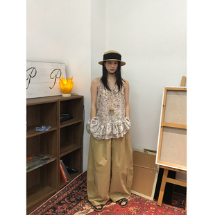 popoup26SS“植物园”夏日轻薄植物印花斜边双层花边吊带