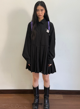 popoup25SS“风琴”两色简约日系宽松长袖褶皱衬衫裙