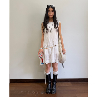 连衣裙不规则设计 纯色叠穿刺绣无袖 popoup25SS 空白2.0