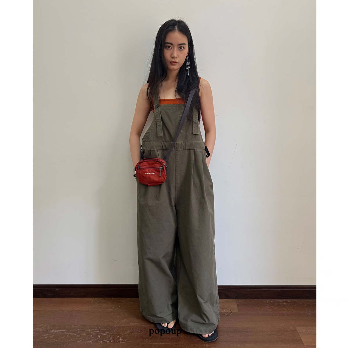 popoup25SS&ldquo;橡木苔&rdquo; 橄榄酵洗做旧绿宽松抽绳直筒背带裤