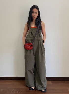 popoup25SS“橡木苔” 橄榄酵洗做旧绿宽松抽绳直筒背带裤