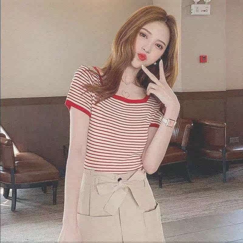 冰絲t恤女短袖條紋針織衫2019新款夏季修身上衣服韓版學生打底衫在類目 女裝/女士精品, 毛衣中 - 來自Buy2taobao.com提供專業的淘寶代購服務