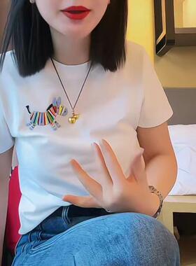 ROUJE DSYLE彩色小马刺绣白色短袖t恤女夏季打底圆领女士上衣潮