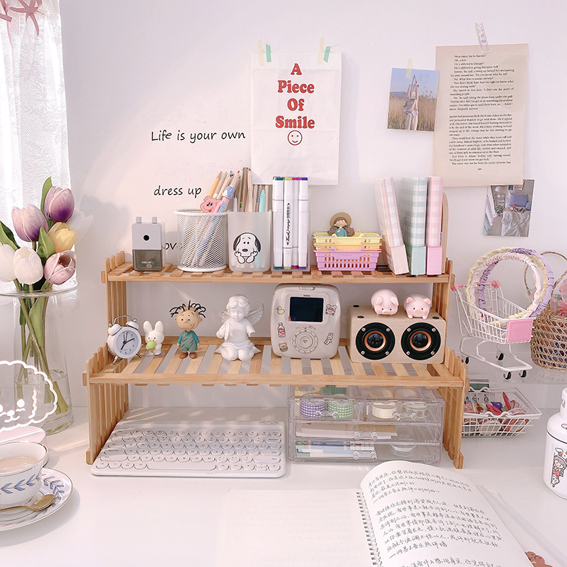 双层木质简约风书桌置物架