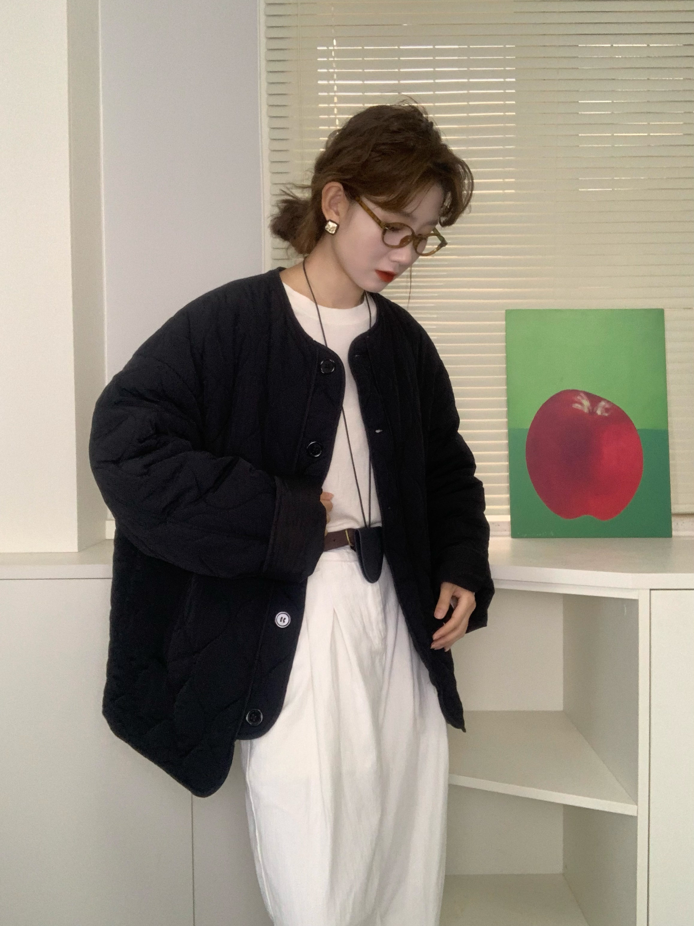 韩版复古宽松休闲棉衣外套2024冬季轻薄圆领菱形格上衣女潮