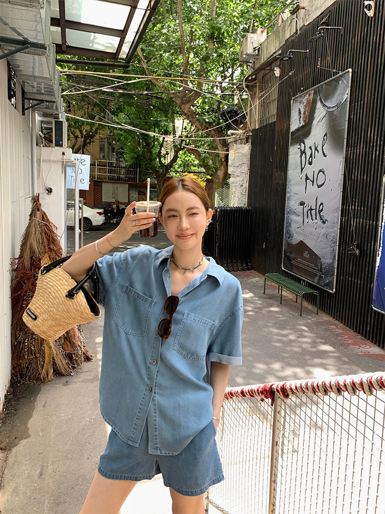 13C 알타이의 썸머 블루 올매치 탑+반바지 루즈한 텐셀 데님 쓰리피스 세트