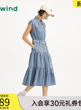 热风2025年夏季新款女士无袖牛仔衬衫裙F19W25233