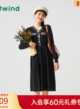 热风2023年冬季女士V领连衣裙法式中长裙拼色长袖小香风a字裙