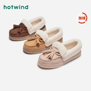 新款 女鞋 女士绒里舒适棉鞋 时尚 套脚圆头平底乐福鞋 热风2024年秋季