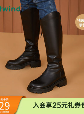 热风冬季新款女士时尚机车风高筒休闲靴纯色保暖舒适骑士靴