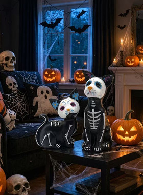 跨境直销万圣节Halloween鬼节树脂工艺品可爱小花猫狗摆件装饰品