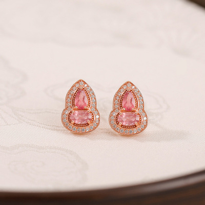 悦宝珠宝彩碧玺S925纯银镀玫瑰金葫芦中式小众高级感耳钉耳饰定制