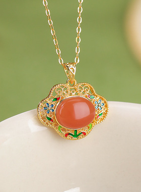 悦宝珠宝天然南红水红S925纯银镀金如意长春花蛋面新中式吊坠定制