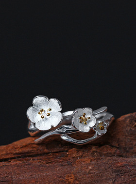 素十八s925银设计感甜美花朵开口指环古典民族风梅花淑女气质