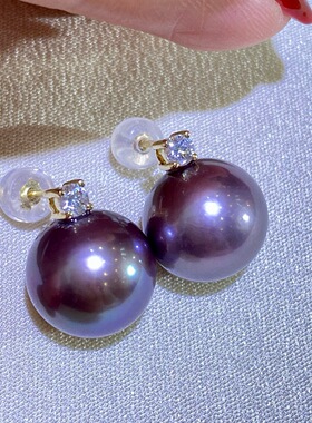 18k金爱迪生紫珍珠耳钉 9-10mm天然原色葡萄紫王妃款耳环批发百搭