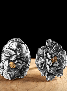 足银999手工牡丹戒指开口女式指环錾刻镶金泰银复古手饰