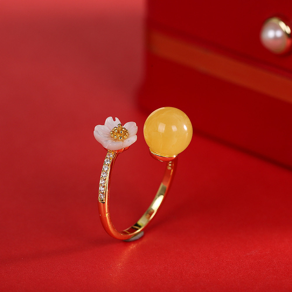 人品银品时尚简约手饰S925银镀金饰品女式贝壳蜜蜡戒指 开口指环