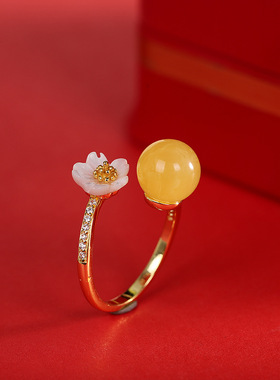 人品银品时尚简约手饰S925银镀金饰品女式贝壳蜜蜡戒指 开口指环