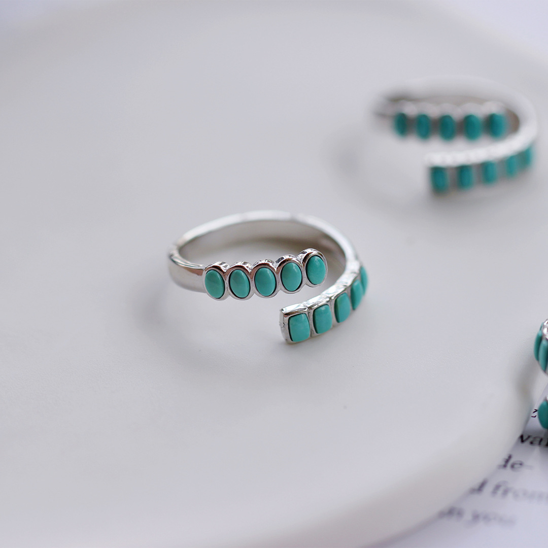 时尚几何形天然原矿湖北绿松石戒指s925银天然蓝松石开口戒指