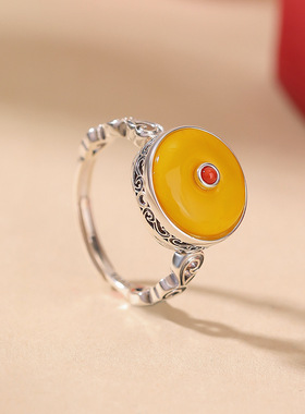 悦宝珠宝蜜蜡S925纯银南红复古平安扣卷草纹小众民族风可调节戒指