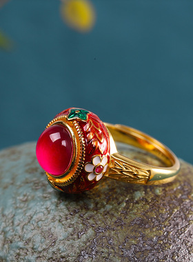 人品银品源头厂货 民族风女士指环s925银饰品珐琅彩红刚玉戒指