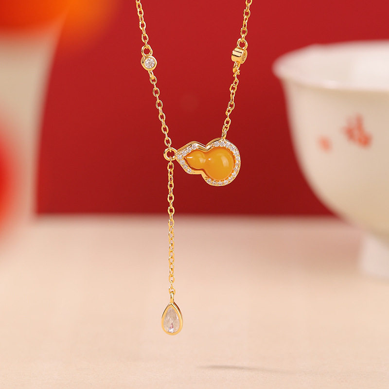 悦宝珠宝蜜蜡S925纯银镀金葫芦福禄水滴银套链新中式国风国潮定制