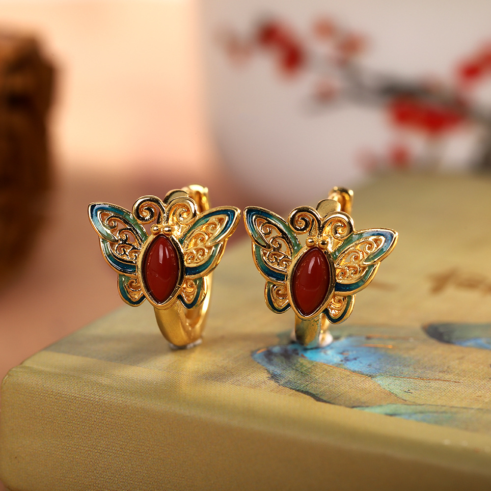 人品银品S925纯银镀金镶嵌南红玛瑙蝴蝶烧蓝耳圈时尚女简约耳饰