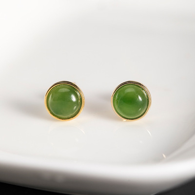 素十八s925银时尚个性简约圆形碧玉耳钉女跨境创意几何耳饰品批发