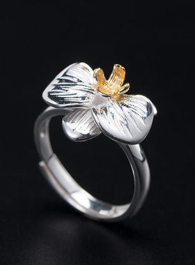 素十八s925银复古民族风花卉活口指环女时尚新中式蝴蝶兰戒指饰品