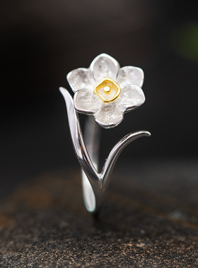 素十八s925银原创设计国潮花卉指环女时尚个性跨境水仙花活口戒指