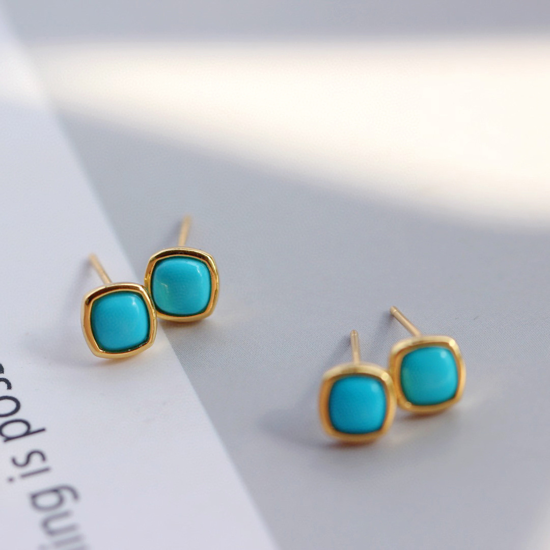 天然原矿湖北绿松石小方形耳钉s925银纯净高瓷蓝松石耳钉简约方形