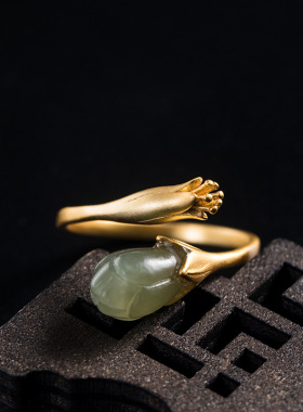 素十八s925银复古简约花卉和田玉指环时尚国潮个性玉兰花活口戒指