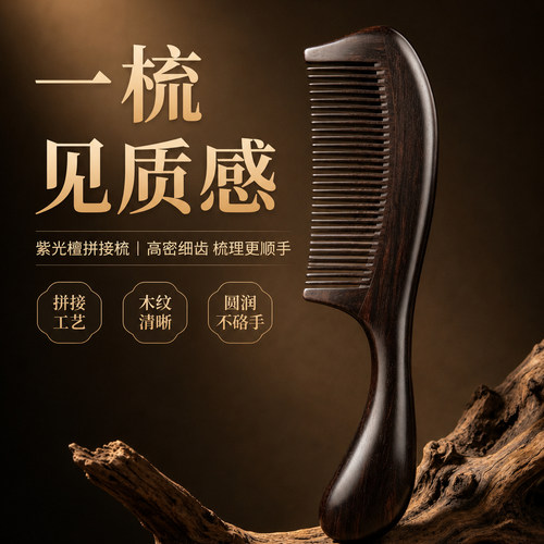 天然紫光檀细齿按摩梳不伤发