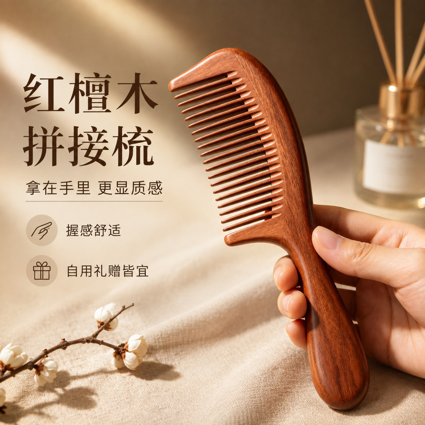 天然红檀木头皮经络细齿按摩梳