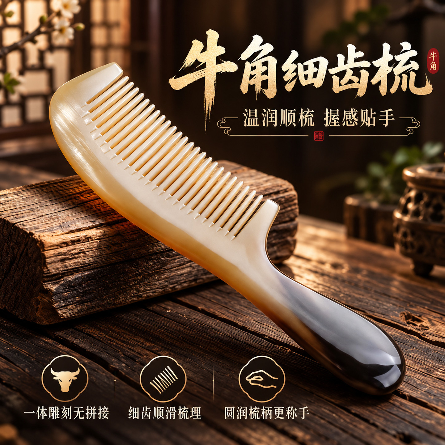 天然牛角加厚大柄细齿顺发梳