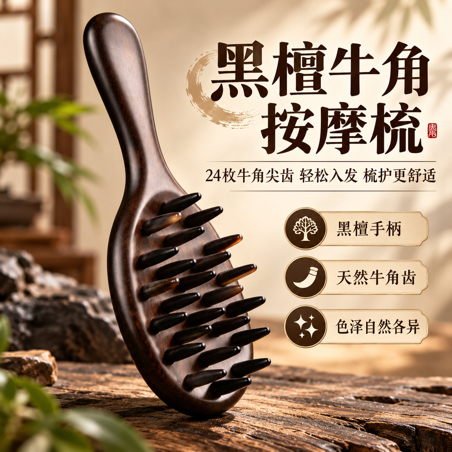 黑檀木牛角尖齿头皮按摩梳
