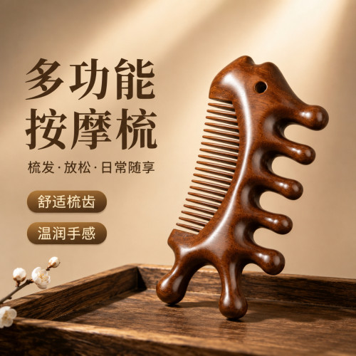 金丝檀木头部经络按摩梳