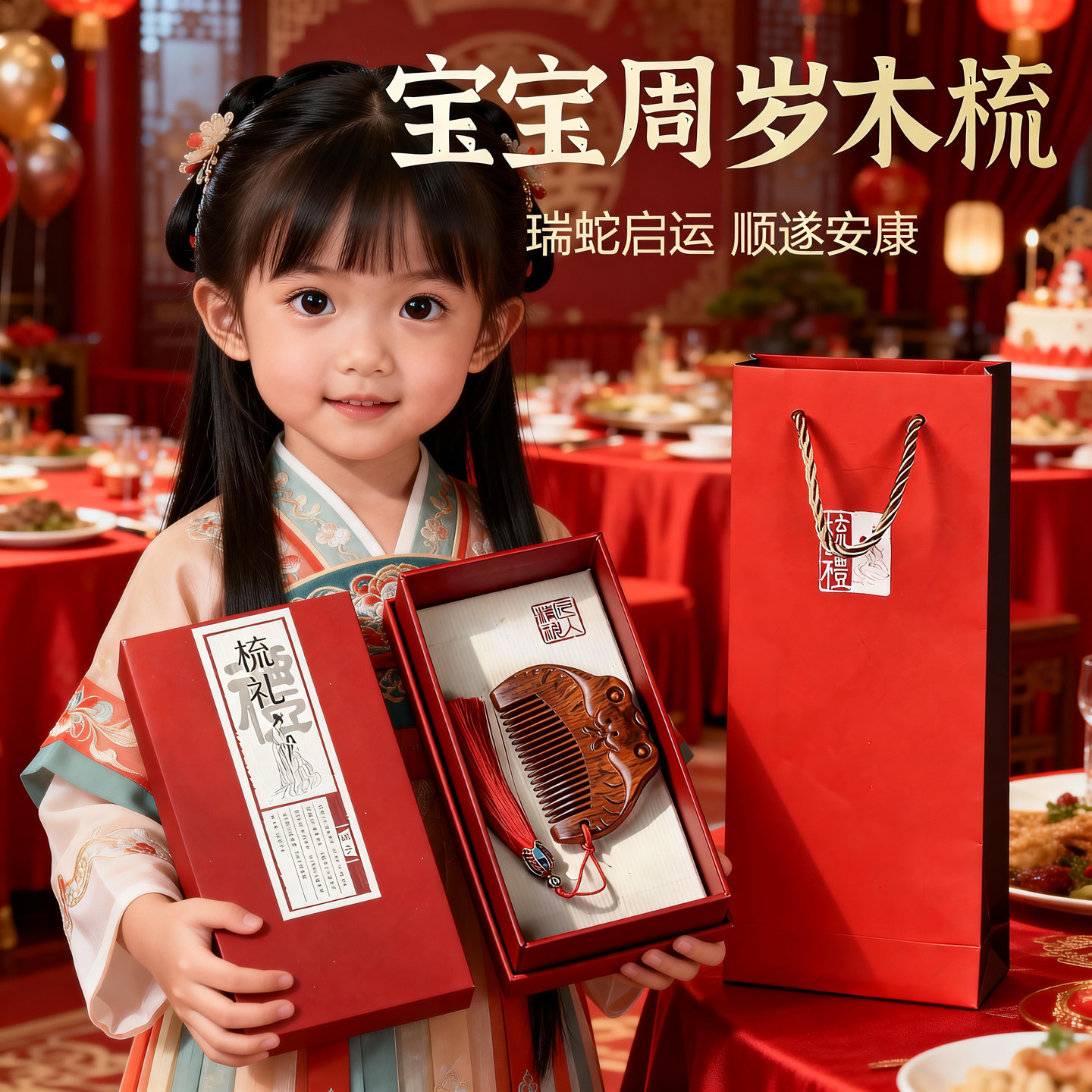 宝宝百天周岁木梳礼盒装瑞蛇启运顺遂安康儿童抓周生肖梳子纪念品图片