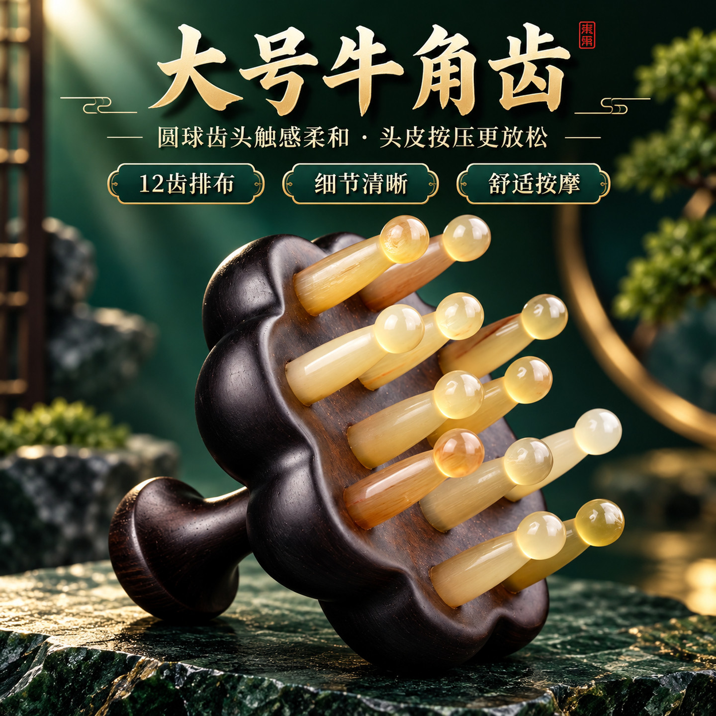 紫光檀木牛角齿头皮经络按摩梳