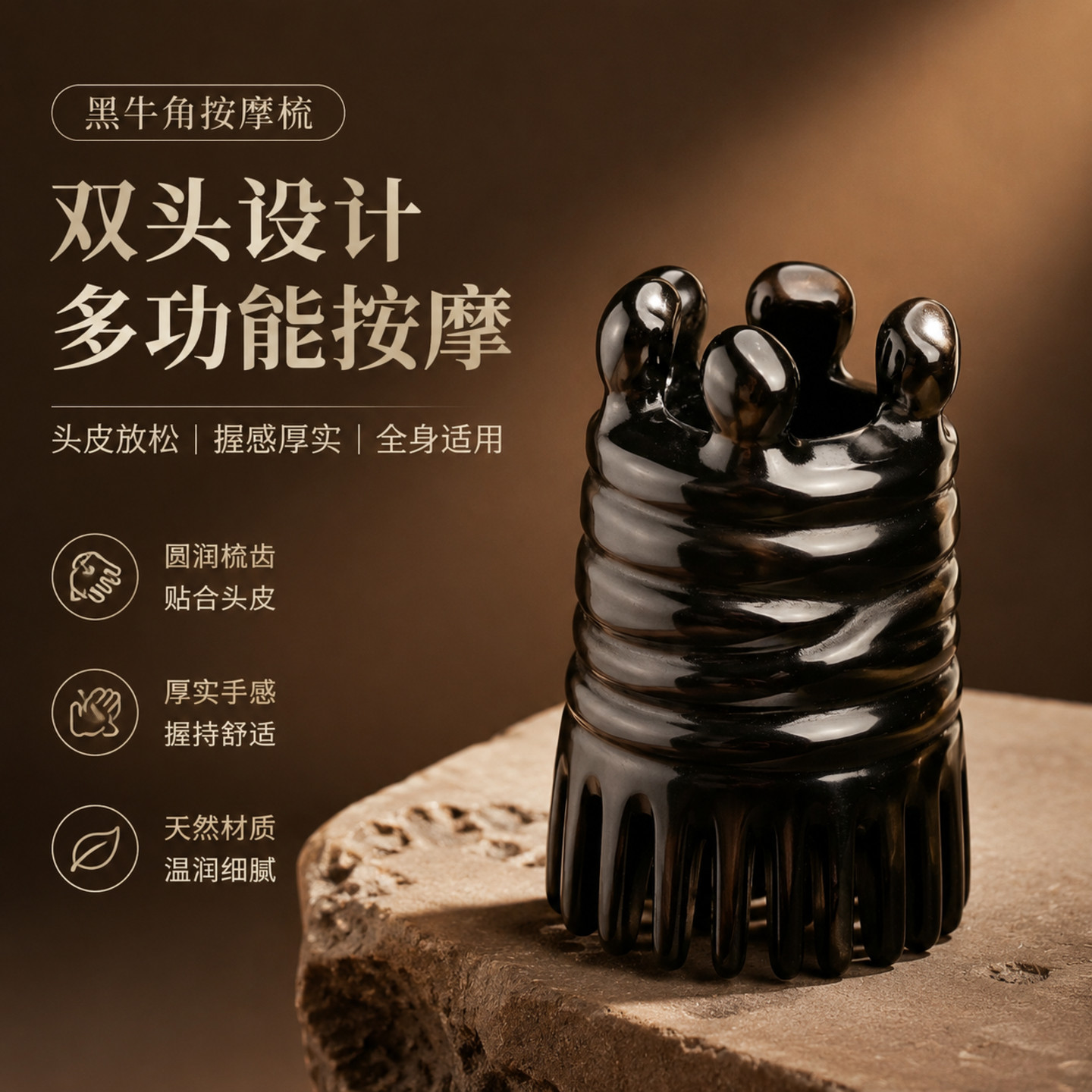 天然黑牛角加厚双头皇冠按摩梳