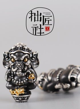 藏式925银象神佛头 星月金刚菩提手串一体式三通佛头大象文玩配件