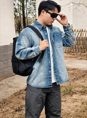 保罗彼得2025春新款男士水洗复古长袖牛仔衬衫翻领时尚CYEA59690