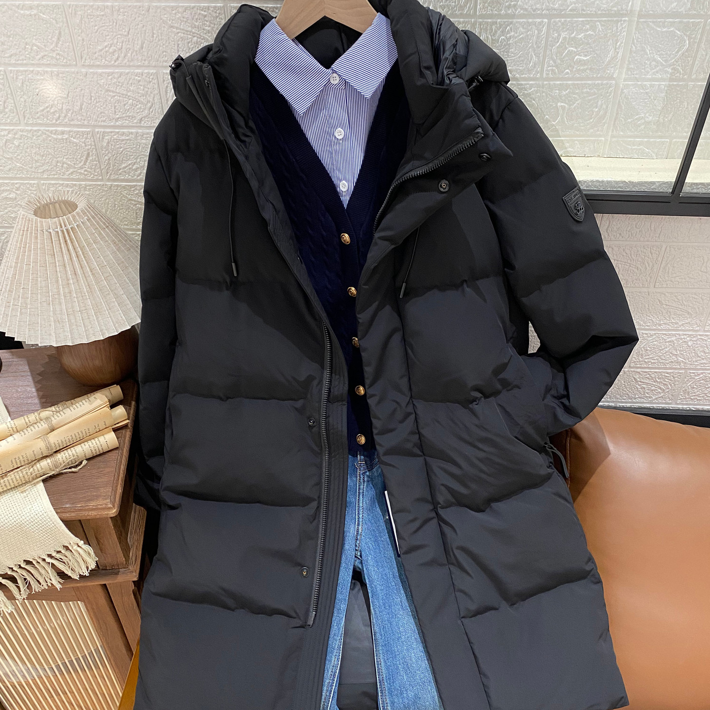 女式连帽中长款羽绒服90白鸭绒